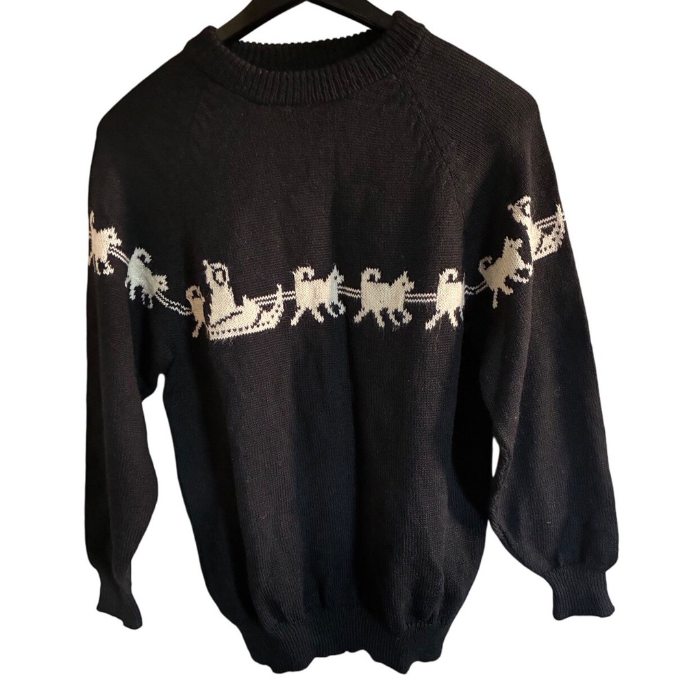VTG Black HandKnit Sweater Dog Sleigh Pullover Crew Neck Long‎ Sleeve Cozy Warm